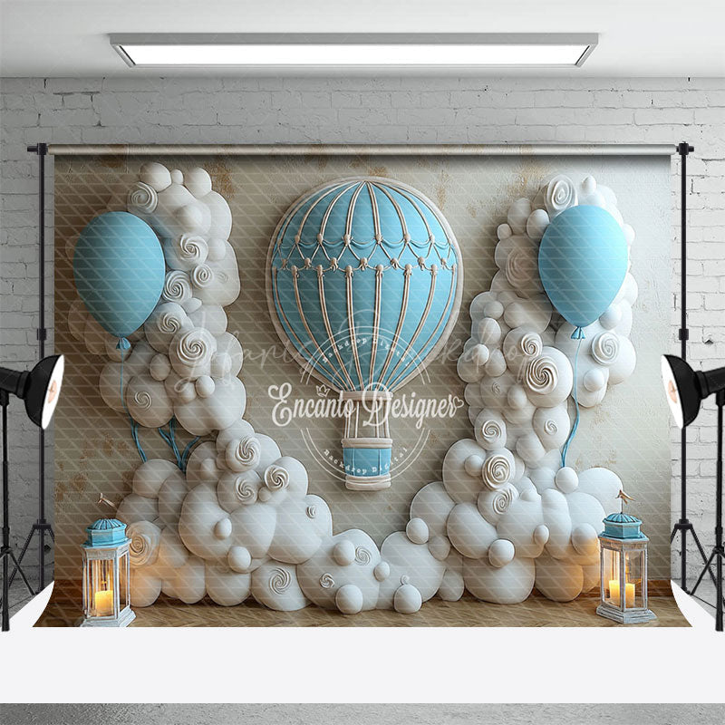 Lofaris Blue White Hot Air Balloon Birthday Photo Backdrop