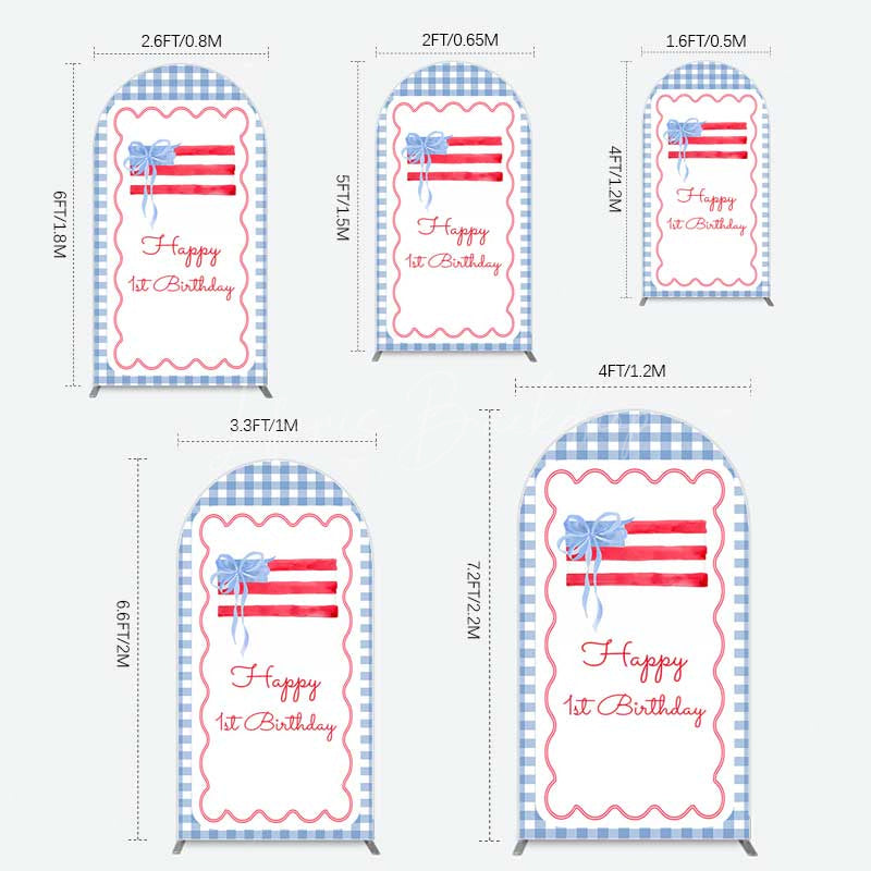 Lofaris Blue White Plaid Bow Happy 1st Birthday Arch Backdrop