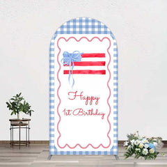 Lofaris Blue White Plaid Bow Happy 1st Birthday Arch Backdrop