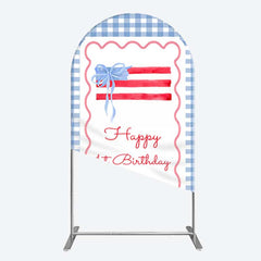 Lofaris Blue White Plaid Bow Happy 1st Birthday Arch Backdrop