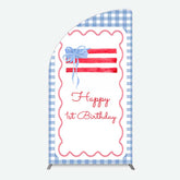 Lofaris Blue White Plaid Bow Happy 1st Birthday Half Moon Arch Backdrop
