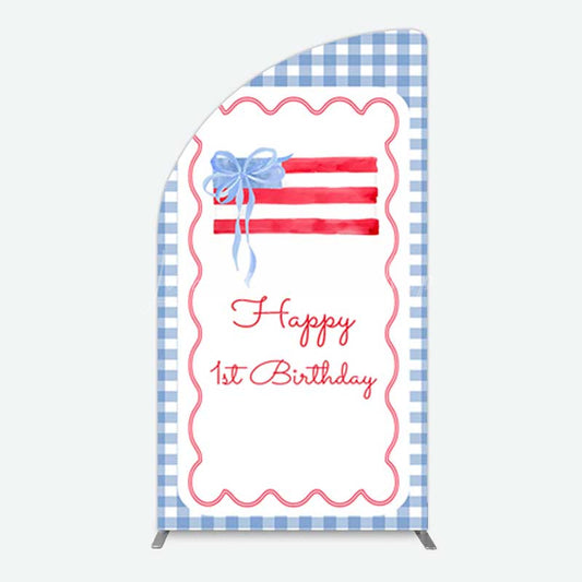 Lofaris Blue White Plaid Bow Happy 1st Birthday Half Moon Arch Backdrop