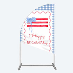 Lofaris Blue White Plaid Bow Happy 1st Birthday Half Moon Arch Backdrop