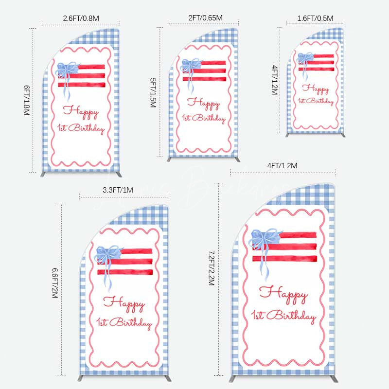 Lofaris Blue White Plaid Bow Happy 1st Birthday Half Moon Arch Backdrop