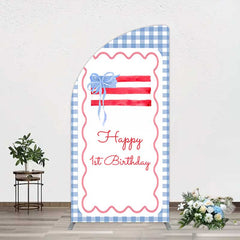Lofaris Blue White Plaid Bow Happy 1st Birthday Half Moon Arch Backdrop