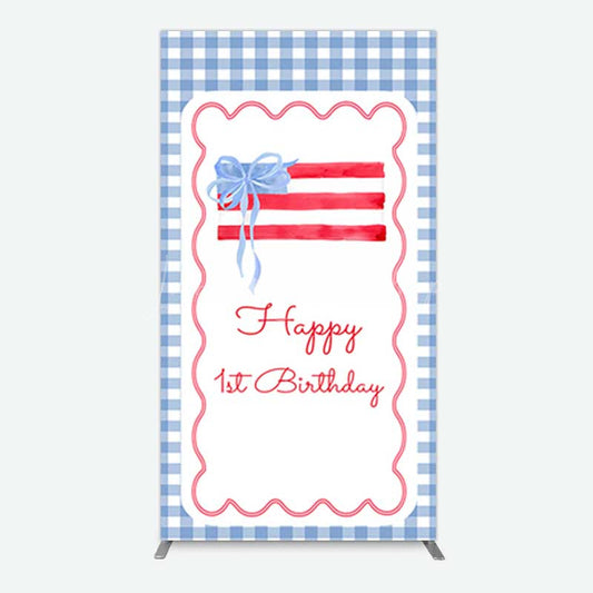 Lofaris Blue White Plaid Bow Happy 1st Birthday Rectangle Backdrop