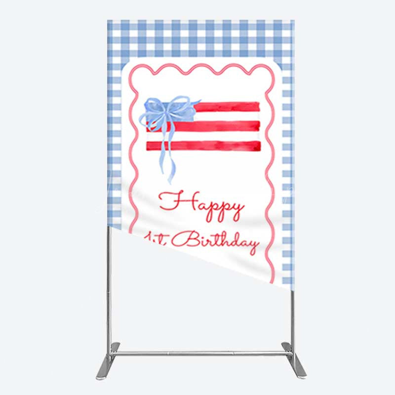 Lofaris Blue White Plaid Bow Happy 1st Birthday Rectangle Backdrop