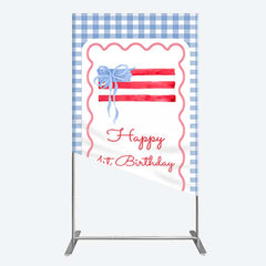 Lofaris Blue White Plaid Bow Happy 1st Birthday Rectangle Backdrop