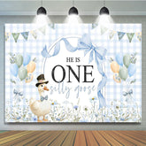 Lofaris Blue White Plaid One Silly Goose Birthday Backdrop