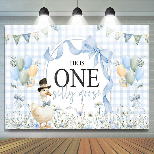 Lofaris Blue White Plaid One Silly Goose Birthday Backdrop