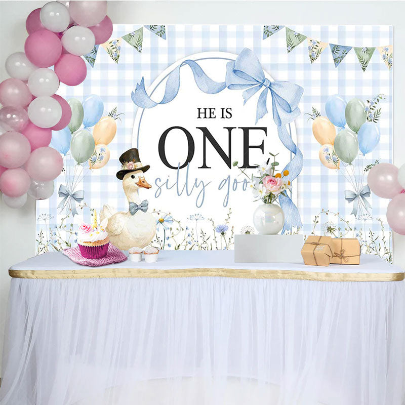 Lofaris Blue White Plaid One Silly Goose Birthday Backdrop