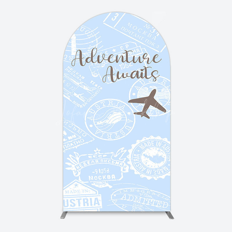 Lofaris Blue White Postmark Adventure Awaits Arch Backdrop
