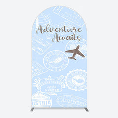 Lofaris Blue White Postmark Adventure Awaits Arch Backdrop