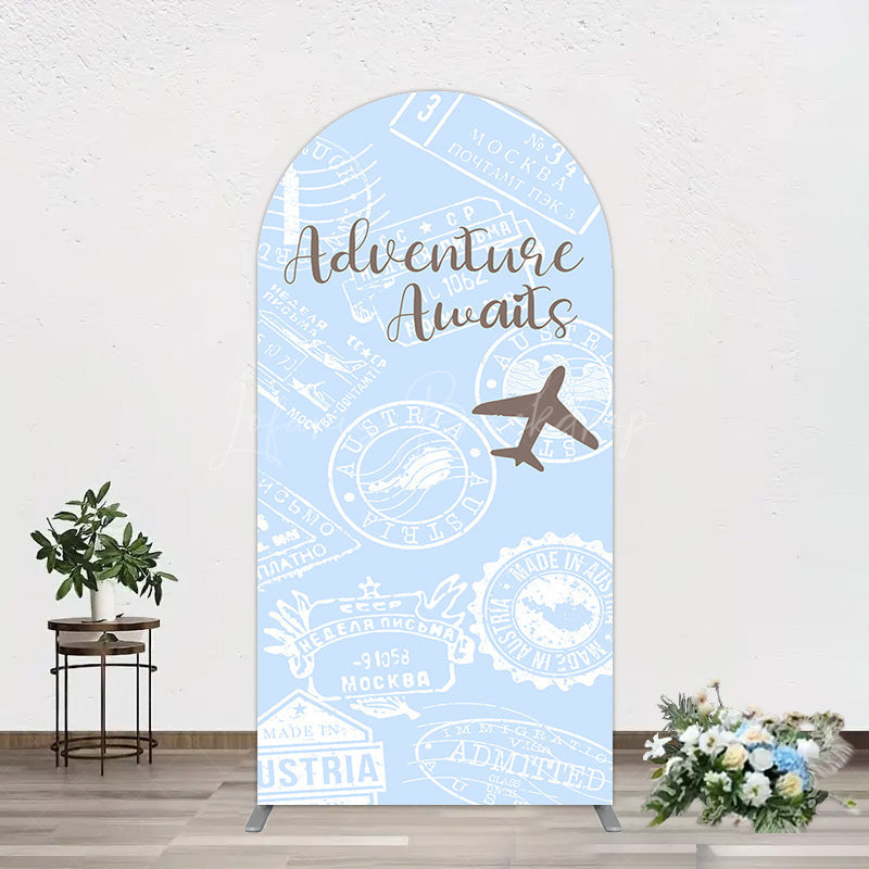 Lofaris Blue White Postmark Adventure Awaits Arch Backdrop