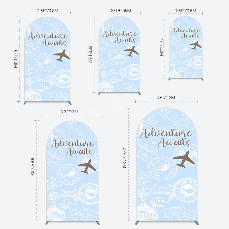 Lofaris Blue White Postmark Adventure Awaits Arch Backdrop