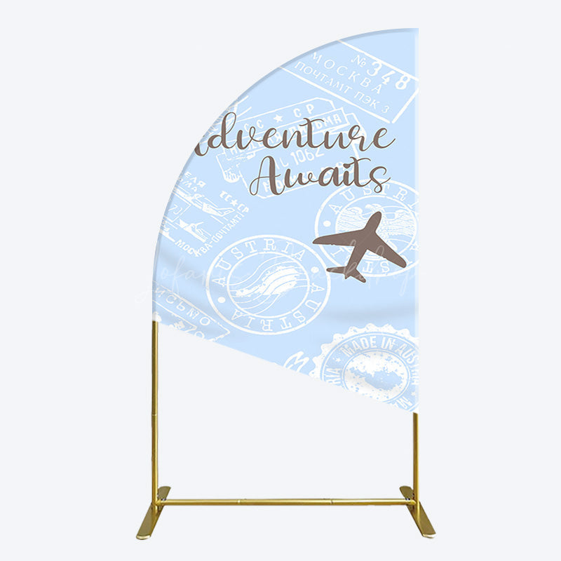 Lofaris Blue White Postmark Adventure Awaits Half Moon Arch Backdrop