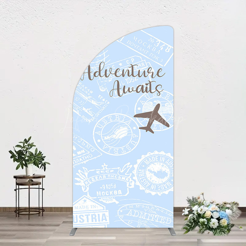 Lofaris Blue White Postmark Adventure Awaits Half Moon Arch Backdrop