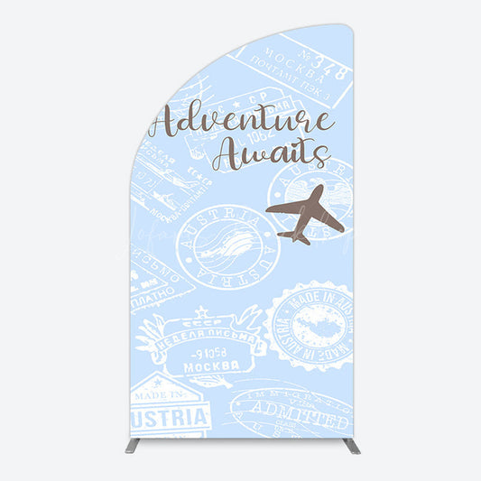 Lofaris Blue White Postmark Adventure Awaits Half Moon Arch Backdrop