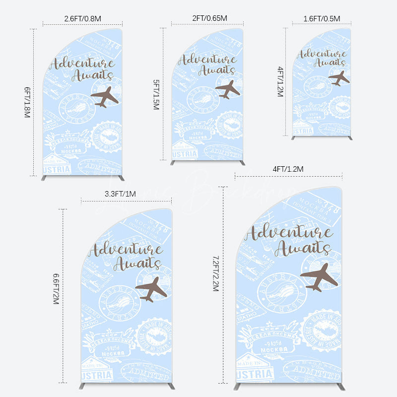 Lofaris Blue White Postmark Adventure Awaits Half Moon Arch Backdrop