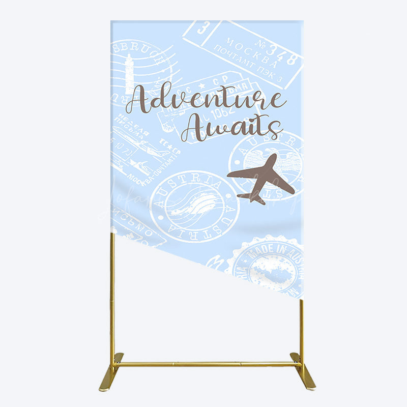Lofaris Blue White Postmark Adventure Awaits Rectangle Backdrop