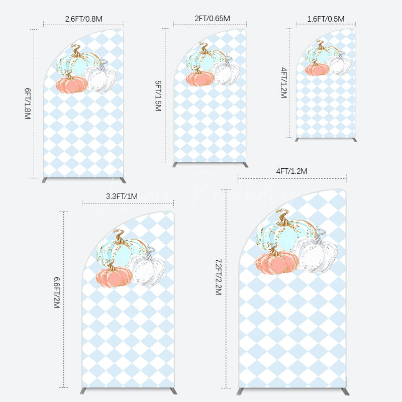 Lofaris Blue White Rhombus Pumpkins Birthday Half Moon Arch Backdrop