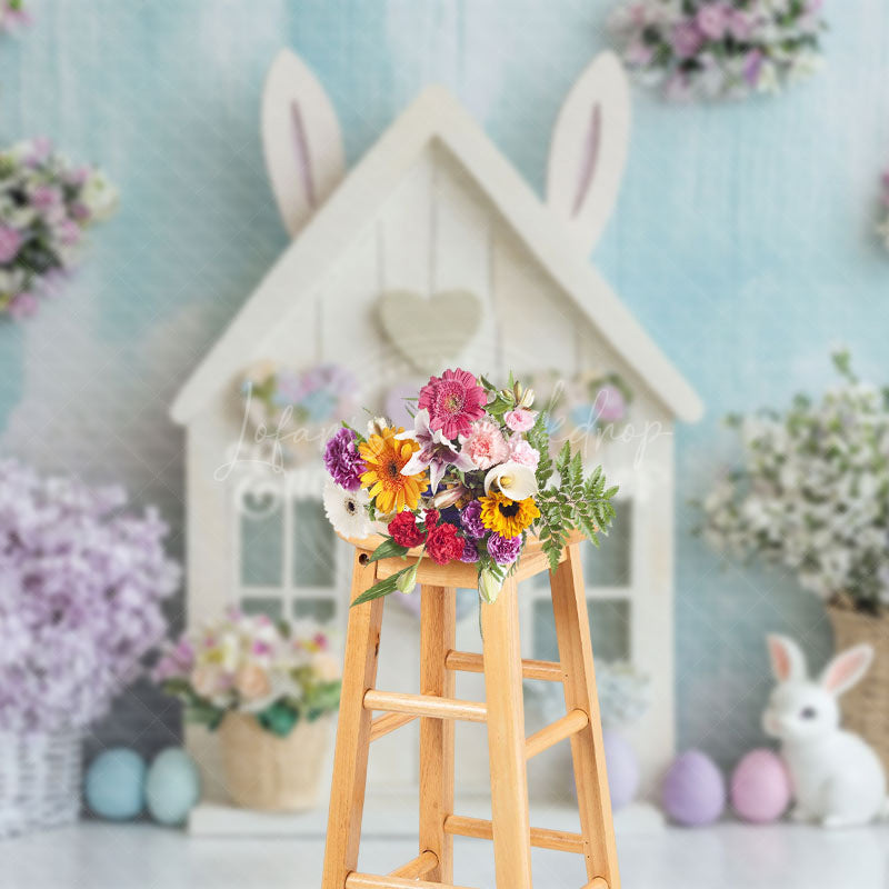 Lofaris Blue White Wall Bunny Hutch Floral Easter Backdrop