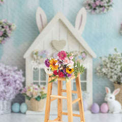 Lofaris Blue White Wall Bunny Hutch Floral Easter Backdrop