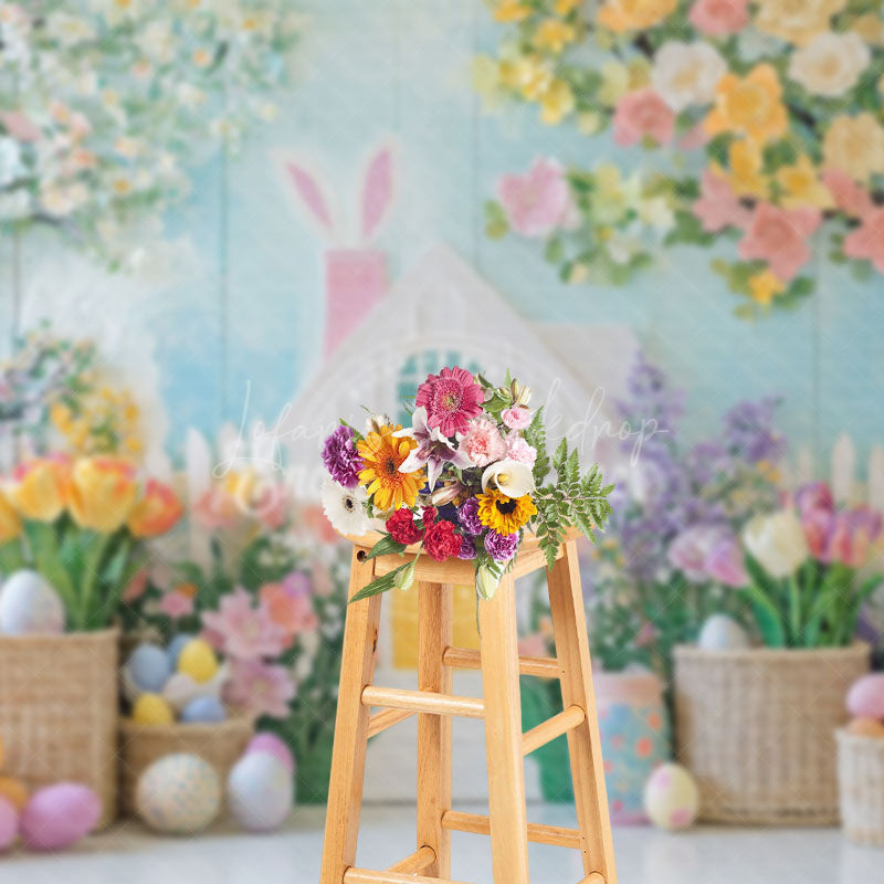 Lofaris Blue White Wall Colorful Floral Trees Easter Backdrop