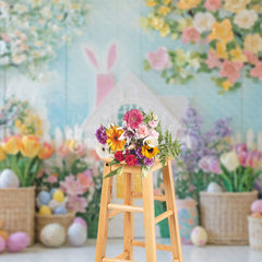 Lofaris Blue White Wall Colorful Floral Trees Easter Backdrop