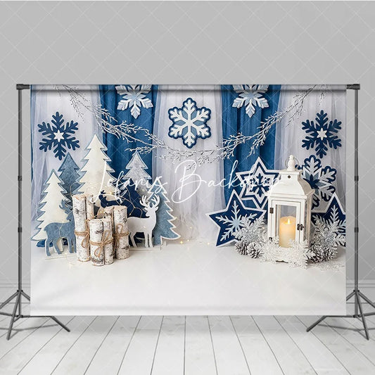 Lofaris Blue White Winter Wonderland Photography Backdrop Snowflakes Christmas Trees and Lantern for Festive Holiday Party