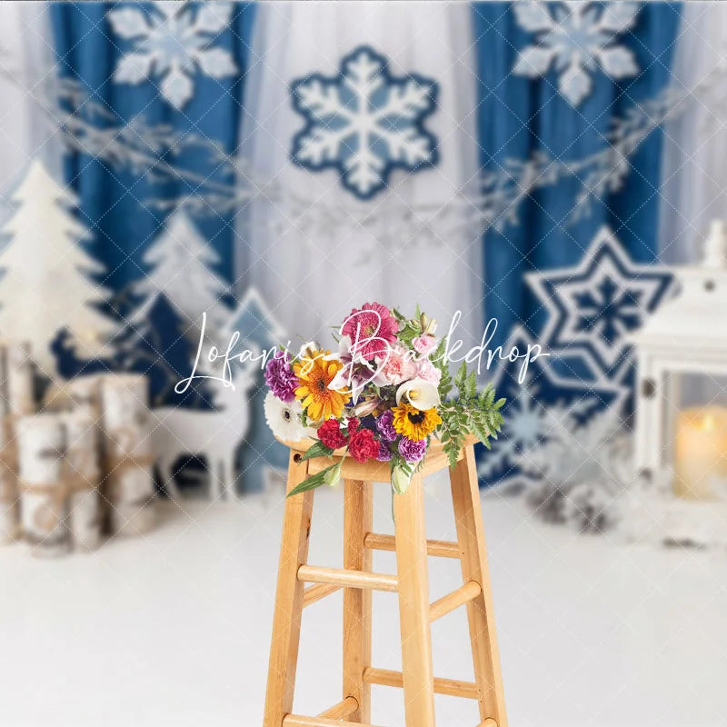 Lofaris Blue White Winter Wonderland Photography Backdrop Snowflakes Christmas Trees and Lantern for Festive Holiday Party