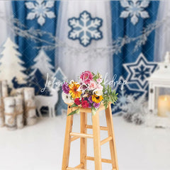 Lofaris Blue White Winter Wonderland Photography Backdrop Snowflakes Christmas Trees and Lantern for Festive Holiday Party