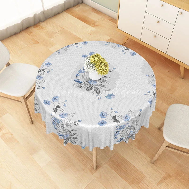 Lofaris Blue Wildflower and Grey Leaf Pattern Round Tablecloth Elegant Minimalist Kitchen Decor