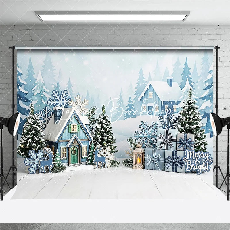 Lofaris Blue Winter Village Snowy Houses Photography Backdrop with Pine Trees Snowflakes and Christmas Gifts for Holiday Party