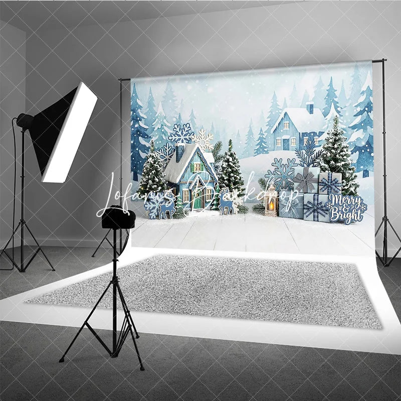 Lofaris Blue Winter Village Snowy Houses Photography Backdrop with Pine Trees Snowflakes and Christmas Gifts for Holiday Party
