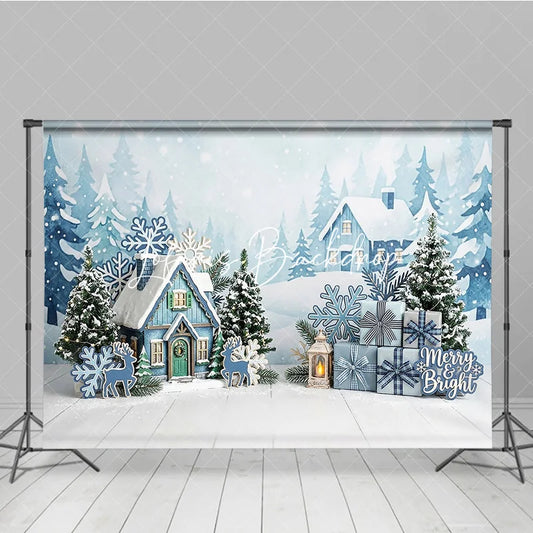 Lofaris Blue Winter Village Snowy Houses Photography Backdrop with Pine Trees Snowflakes and Christmas Gifts for Holiday Party