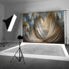 Lofaris Blue Wisteria and Gold Fabric Photography Backdrop Painterly Floral Drapes Elegant Maternity Photo Background
