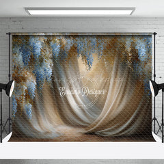 Lofaris Blue Wisteria and Gold Fabric Photography Backdrop Painterly Floral Drapes Elegant Maternity Photo Background
