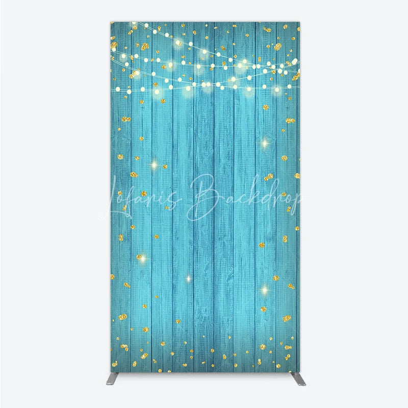 Lofaris Blue Wooden Plank Rectangle Arch Backdrop with Golden Glitter and String Lights Festive Party Decor.