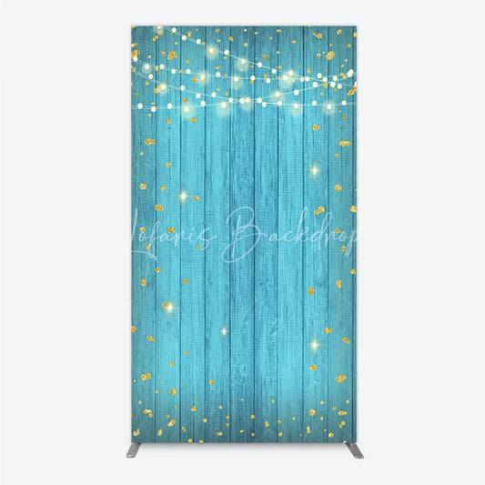Lofaris Blue Wooden Plank Rectangle Arch Backdrop with Golden Glitter and String Lights Festive Party Decor.