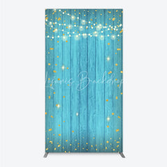 Lofaris Blue Wooden Plank Rectangle Arch Backdrop with Golden Glitter and String Lights Festive Party Decor.