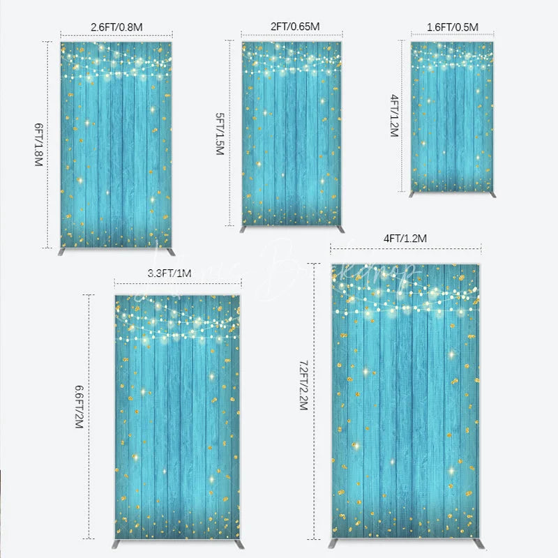 Lofaris Blue Wooden Plank Rectangle Arch Backdrop with Golden Glitter and String Lights Festive Party Decor.