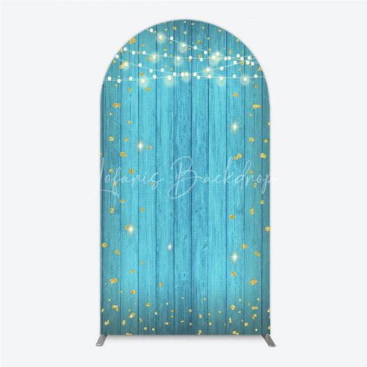 Lofaris Blue Wooden Texture Golden Glitter and String Lights Round Top Arch Backdrop Festive Celebration Party Decor