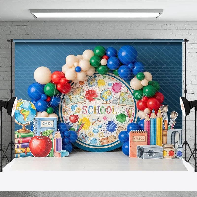 Lofaris Blue World Map Back To School Backdrop Apple Books Pencil Sharpener Balloon Background Boy Student Photography
