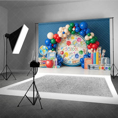 Lofaris Blue World Map Back To School Backdrop Apple Books Pencil Sharpener Balloon Background Boy Student Photography