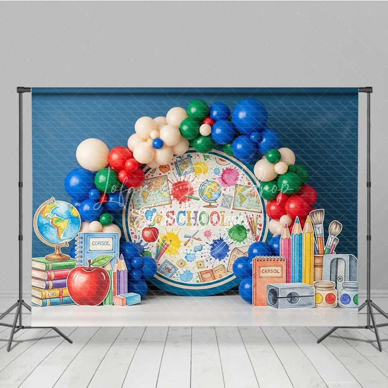 Lofaris Blue World Map Back To School Backdrop Apple Books Pencil Sharpener Balloon Background Boy Student Photography