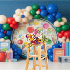 Lofaris Blue World Map Back To School Backdrop Apple Books Pencil Sharpener Balloon Background Boy Student Photography