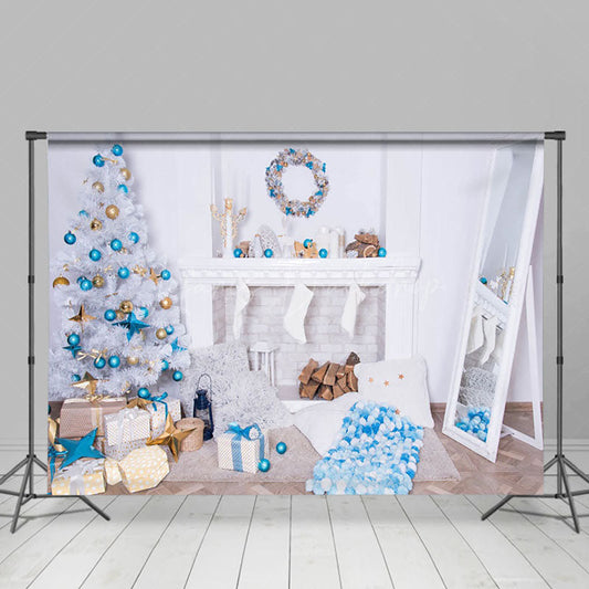 Lofaris Blue Wreath White Fireplace Wall Christmas Backdrop