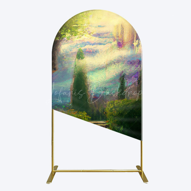 Lofaris Blurry Blue Stairs Greenery Scenery Arch Backdrop