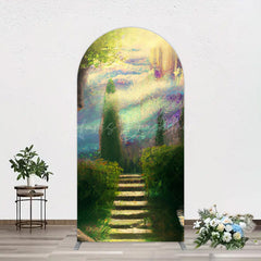 Lofaris Blurry Blue Stairs Greenery Scenery Arch Backdrop